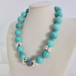 Turquoise White Pearls Statement Necklace